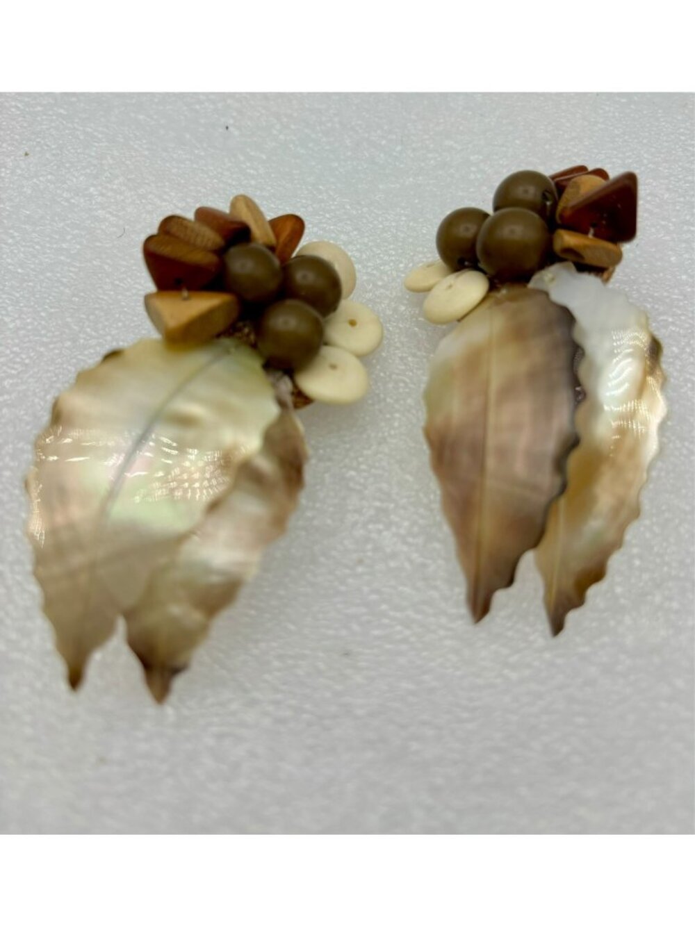 1970s Carved Abalone Shell Leaf Clip Earrings-Hand Crafted